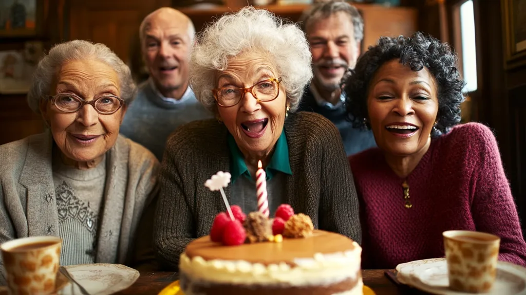 Four elderly people are gathered around a birthday cake. The woman in the center is blowing out a single candle on the cake, while the others smile and look on. They are all wearing casual clothing and are enjoying each other's company. The image captures the joy and warmth of a birthday celebration.