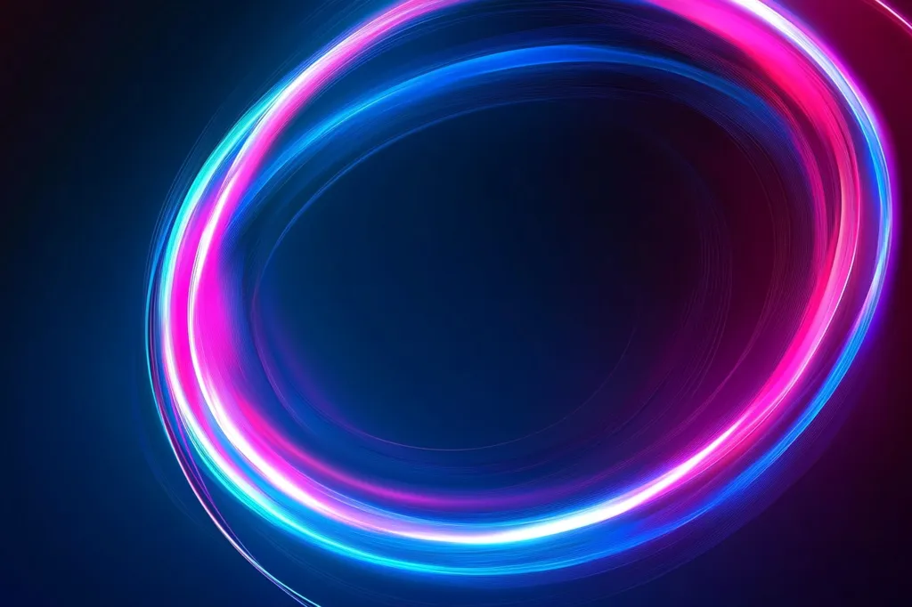 The image features a swirling, neon-like light effect in vibrant hues of blue and pink. The colors blend and create a sense of movement, as if the light is spinning and emanating from a central point. The background is a deep blue, providing a dark contrast to the bright lights. The overall effect is abstract and visually dynamic.