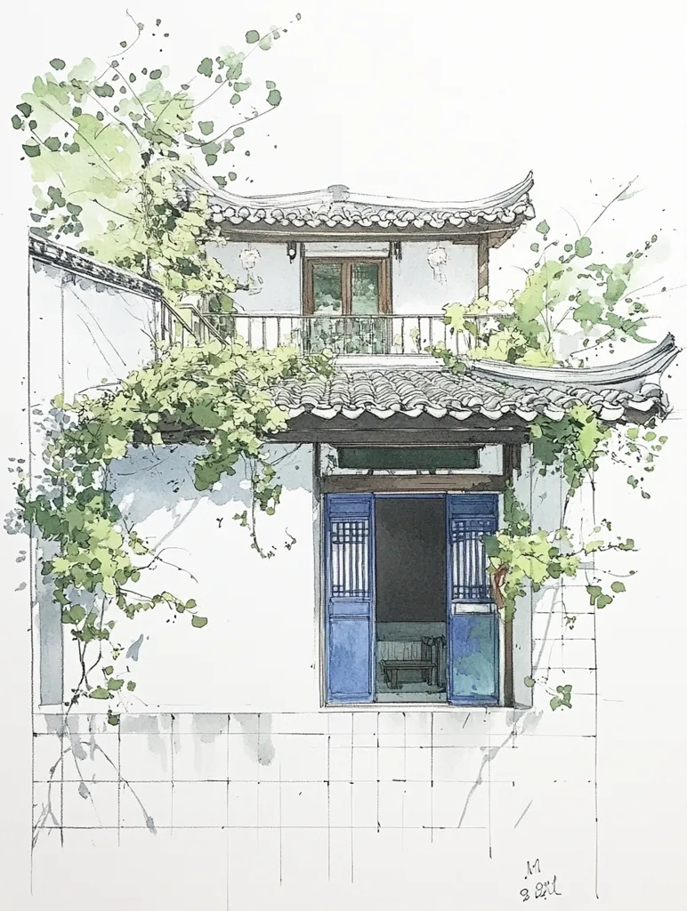 The image is a watercolor painting of a traditional Chinese building. The building is white with a tiled roof and a balcony. The building is surrounded by lush green foliage, some of which is growing on the building itself. The building has a blue door that is slightly open, revealing a glimpse of the interior. The painting is done in a loose and expressive style. The background is a light grid that resembles a blueprint. The image evokes a sense of peace and tranquility.