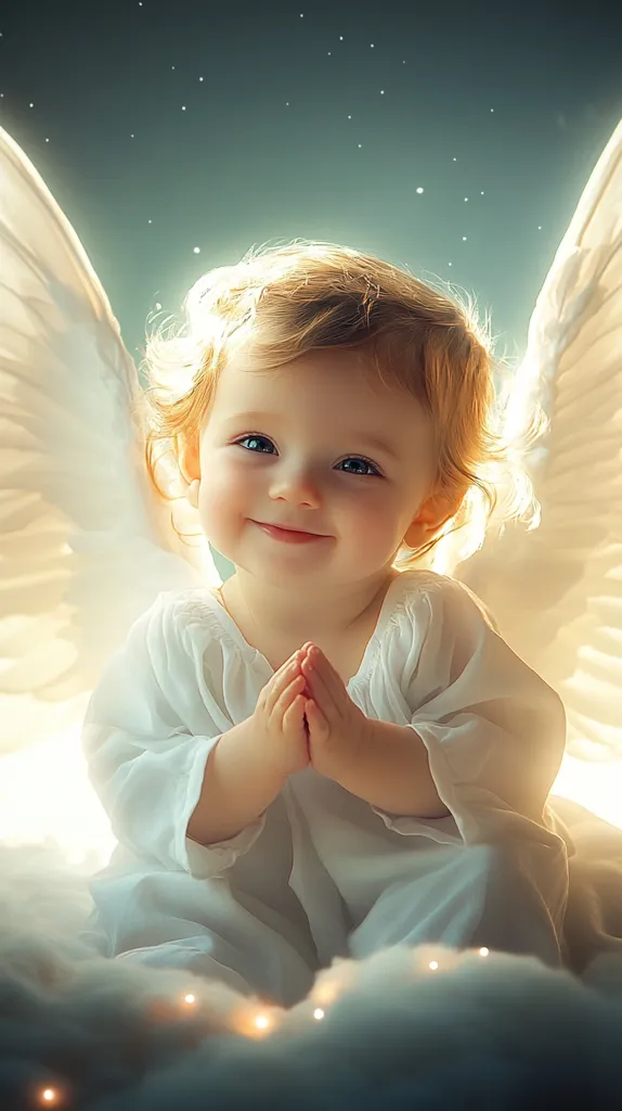 A cherubic baby with large blue eyes and a sweet smile sits on a fluffy cloud. Her hands are clasped in prayer, and she is adorned with feathery white wings, creating a heavenly image. The background is a soft, ethereal glow with twinkling lights, adding to the sense of innocence and purity. The baby's delicate features and angelic appearance evoke a sense of hope and wonder.