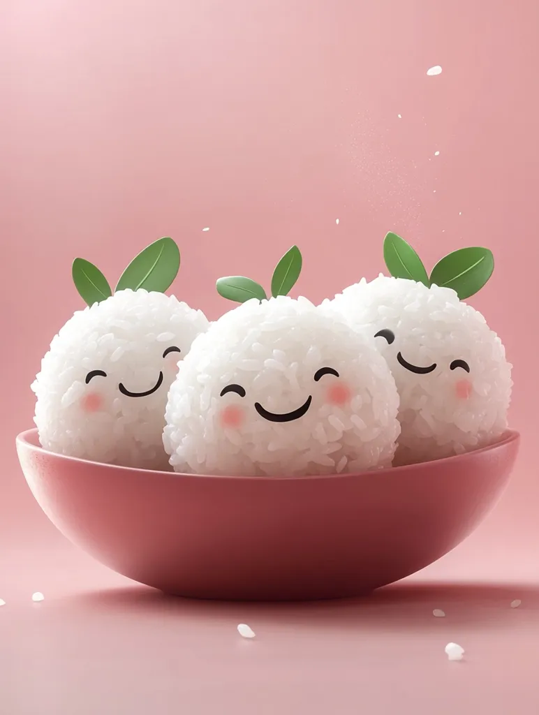 Three white rice balls with green leaves on top are arranged in a pink bowl on a pink background. The rice balls have smiling faces drawn on them.  The image is a cute and playful depiction of food.  The background has a few scattered grains of rice.