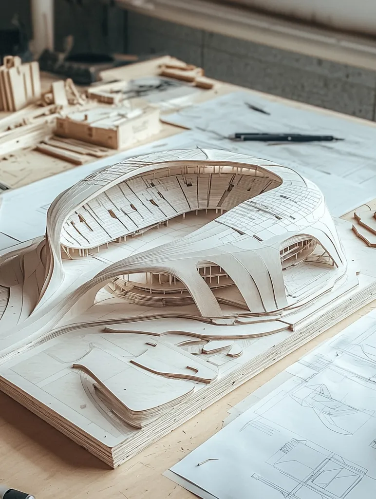 A detailed architectural model of a stadium is displayed on a table, its intricate wooden structure showcasing the design's curves and flowing lines. The model is surrounded by architectural drawings and a pencil, creating an image of a design process in progress. The use of wood and the focus on the stadium's form highlight the architectural concept's beauty and sophistication.