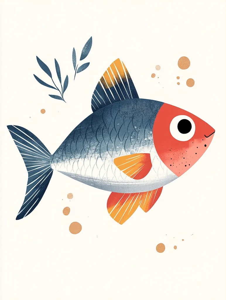 A stylized illustration of a fish with a blue and white body, orange fins, and a bright red head. The fish is swimming to the right, with its tail fin pointing down and its head tilted upwards. There are small, brown dots scattered around the fish, possibly representing bubbles. A simple leafy branch is drawn in the upper left corner of the illustration. The overall style is playful and whimsical.