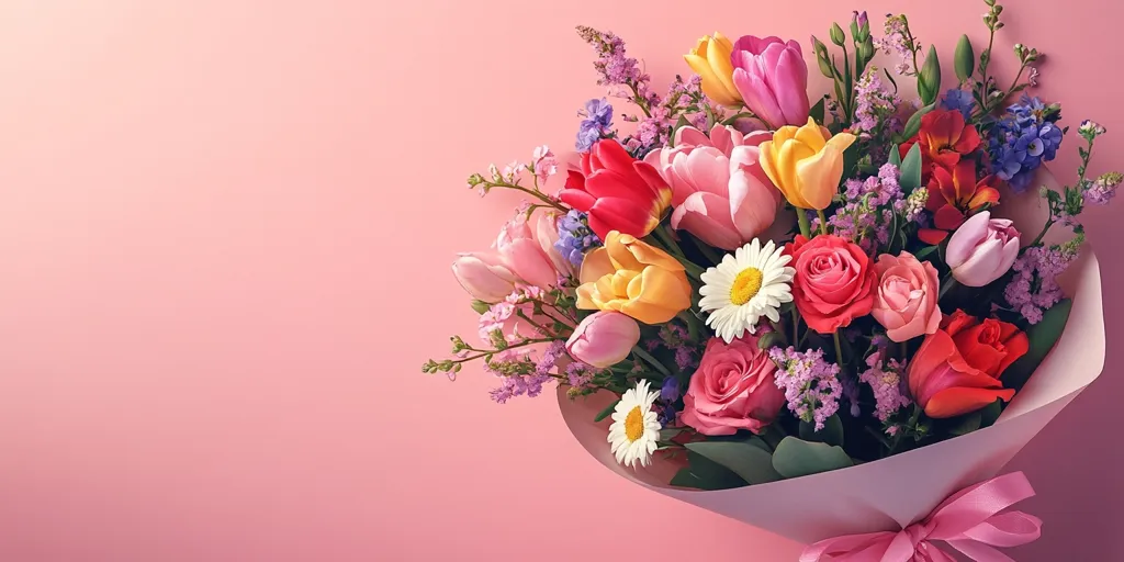 A vibrant bouquet of flowers, wrapped in pink paper and tied with a pink ribbon, sits against a pale pink background. The bouquet includes tulips in various shades of pink, red, and yellow, along with pink and red roses, white daisies, and purple wildflowers. The colors and textures create a cheerful and romantic image.