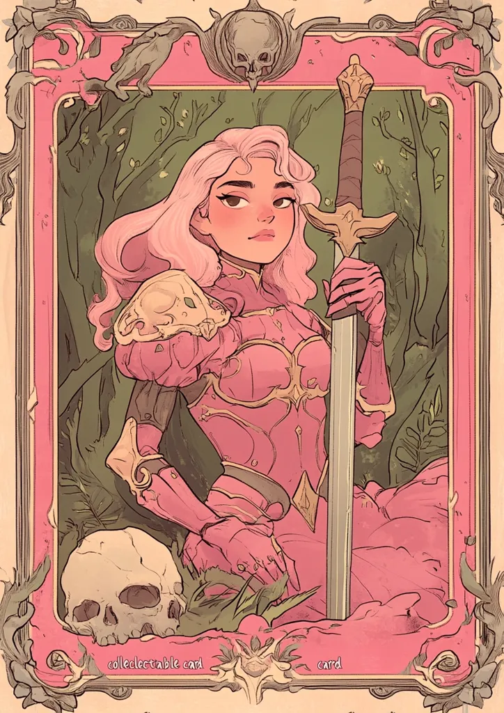 The image is a stylized illustration of a woman in pink armor holding a sword. She has long pink hair and is depicted in a forest setting, with foliage surrounding her and a skull at her feet. The image is framed with an elaborate pink and gold border. The overall style is whimsical and slightly gothic.