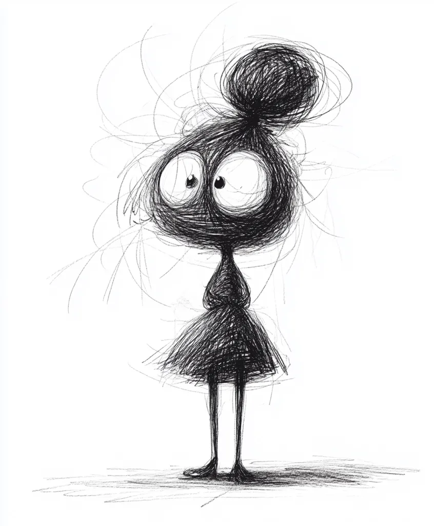 The image is a black and white pencil drawing of a cartoon girl with a large head and large eyes. She has a small body, a long black skirt, and a bun on her head. Her face is drawn with many lines, making her look worried or scared. The overall style is dark and whimsical.  The girl is looking up and to the right. The background is blank.
