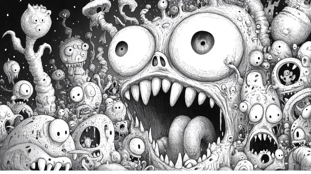 The image is a black and white drawing of a large, grotesque monster with a gaping maw full of teeth, surrounded by smaller, equally strange creatures. The monster's face is dominated by a large eye, and its mouth is open in a silent scream, revealing a long, fleshy tongue. The creatures around it are a mixture of humanoid and animalistic forms, all with exaggerated features and expressions. The overall tone of the image is unsettling and surreal, suggesting a world filled with bizarre and potentially dangerous creatures.