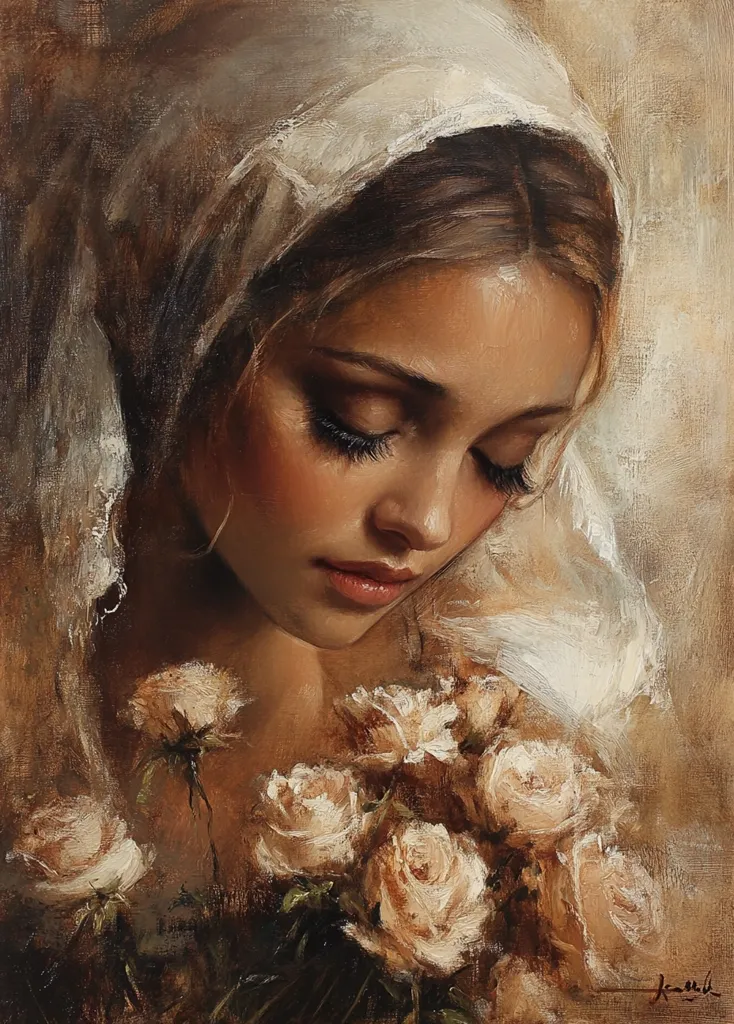 The painting depicts a woman with long brown hair wearing a white veil. She is looking down, her eyes closed, and she is holding a bouquet of white roses. The painting has a soft, romantic feel, and the woman's expression is one of peace and tranquility. The background is a warm, neutral color, and the brushstrokes are visible, adding texture to the work. The overall impression is one of beauty and serenity.
