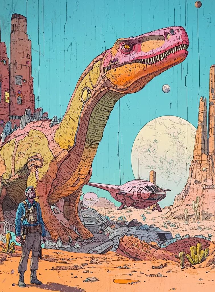 The image depicts a futuristic desert landscape with a large, dinosaur-like creature standing in the foreground. The dinosaur is a pale pink and yellow color, with intricate details and a long, thin neck. A man in a gray jumpsuit stands near the dinosaur's leg, looking up at it with an expression of awe.  In the distance, a spaceship sits on the ground, adding to the futuristic atmosphere of the scene. The background is filled with a mix of tall, rocky structures and a bright blue sky with a large, round moon visible. The overall impression is one of wonder and exploration.