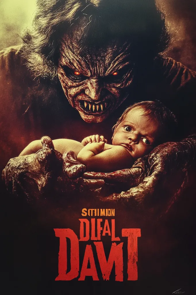 The poster depicts a monstrous figure with glowing red eyes and sharp teeth, holding a baby. The figure's expression is menacing, with a sinister smile. The background is dark and ominous. The title, "SITTIMION DIFAL DAVT," is written in bold, red letters, adding to the eerie atmosphere. The overall image conveys a sense of fear and horror.