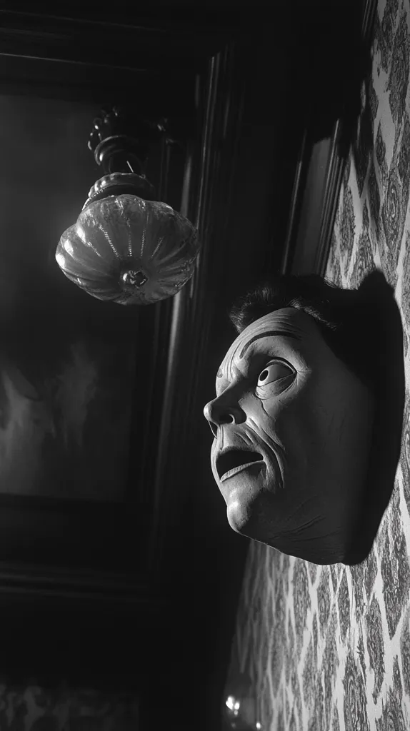 A black and white photograph of a  man's face, captured in a moment of shock. His eyes are wide, his mouth open in a silent scream. A vintage light fixture hangs above his head, casting a dramatic shadow over his face. The background is a dark and patterned wall, adding to the eerie atmosphere of the image. The photograph evokes a sense of dread and unease, leaving the viewer wondering what has transpired.
