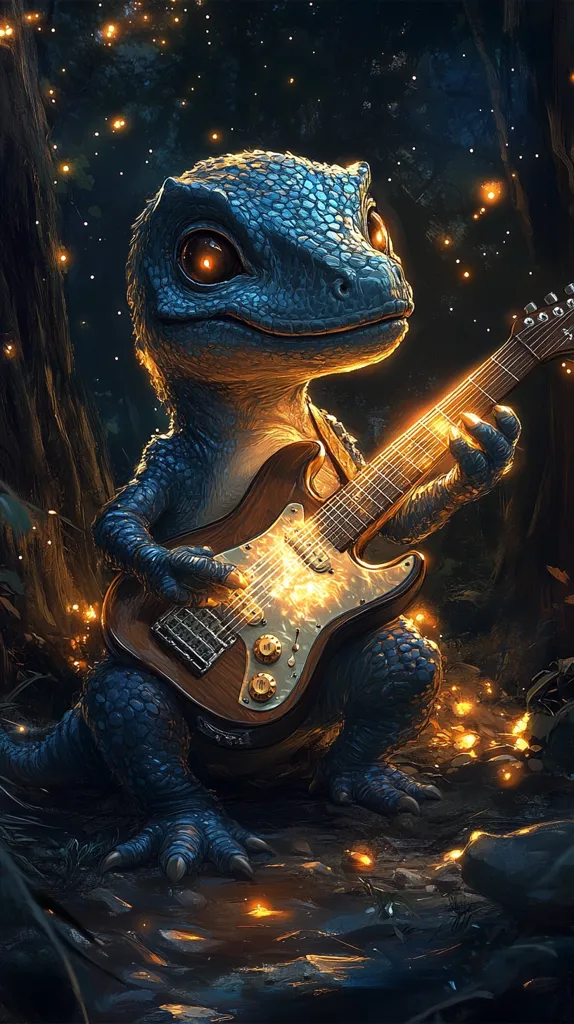 A blue, reptilian creature with large, expressive eyes sits in a dark forest. Its scales shimmer under the glow of fireflies scattered throughout the scene. The creature is playing a electric guitar, its fingers dancing over the strings, causing sparks to fly. The guitar is a beautiful, brown and gold instrument, with intricate details. The creature's expression is one of pure joy and passion, as it makes music under the starry night sky.