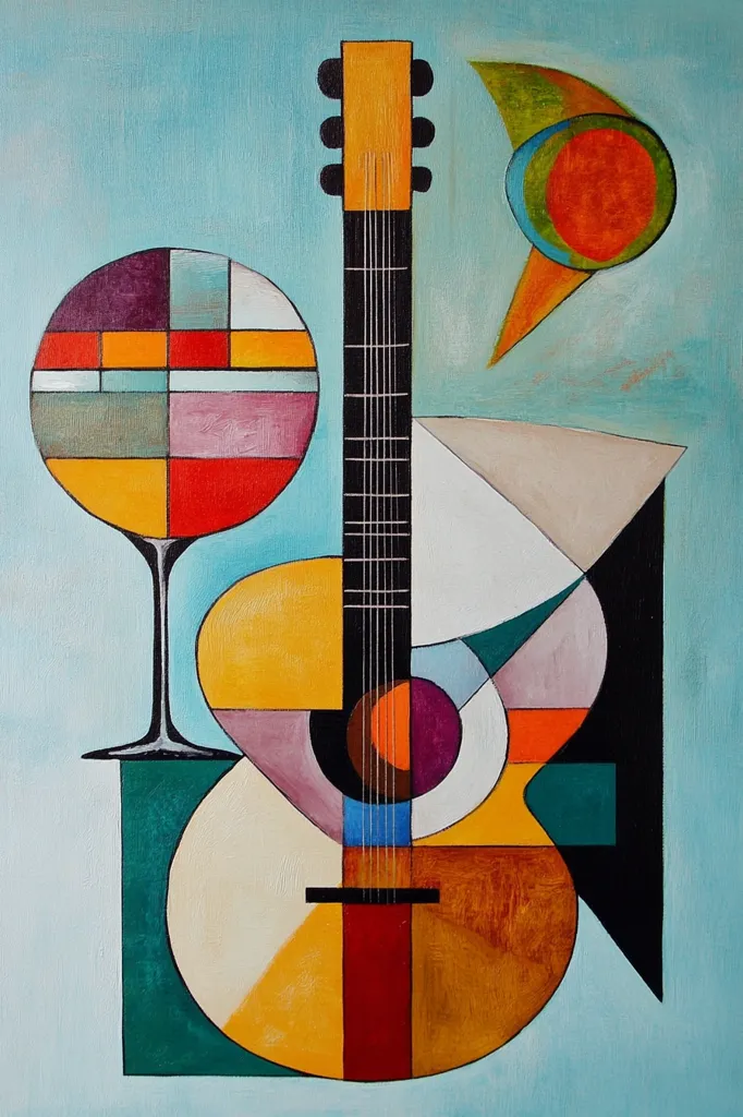 The image is an abstract painting featuring a guitar, a wine glass, and geometric shapes. The guitar is rendered in shades of yellow, brown, and black, with a prominent fretboard. The wine glass is depicted in a  multicolored geometric pattern. The background is a solid light blue color. The composition is centered around the guitar, with the other elements arranged in an asymmetrical manner.  Overall, the artwork  exudes a modern and playful aesthetic.