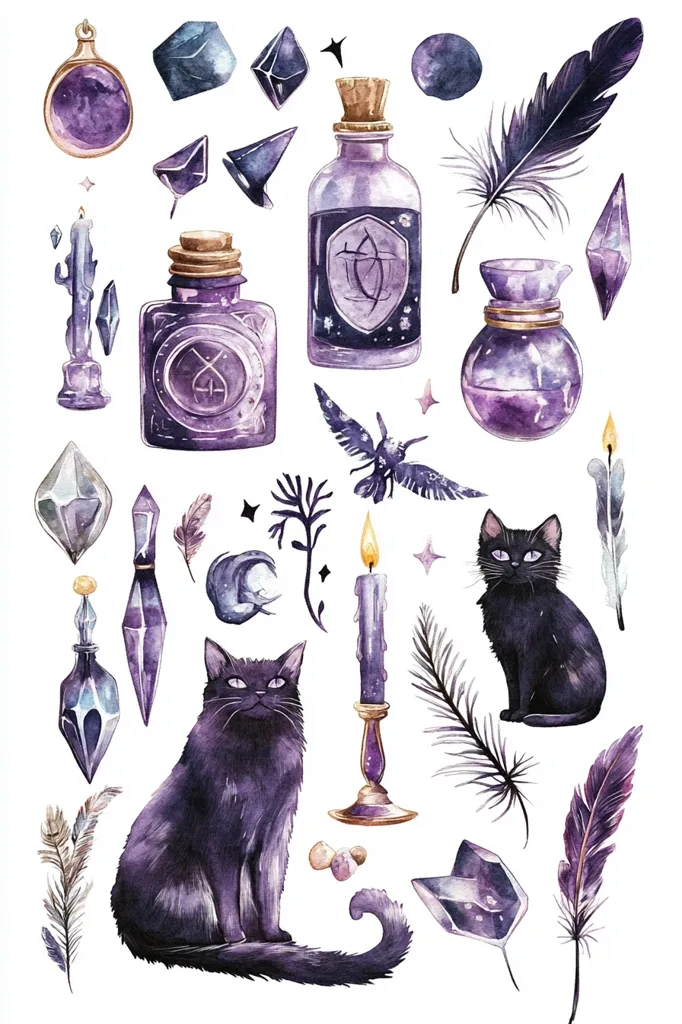 The image is a collection of watercolor illustrations on a white background with a witchy theme. There are two black cats, a lit candle, various potions and bottles with purple liquid, crystals and feathers. The overall color scheme is purple and black.  The image has a whimsical and magical feel.