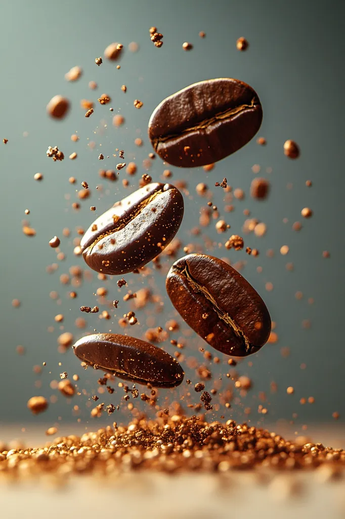 Four coffee beans are suspended in mid-air against a soft blue background. They are surrounded by a shower of tiny, glistening coffee grounds. The beans are perfectly roasted and have a rich, brown color. The image conveys the aroma and essence of freshly ground coffee.