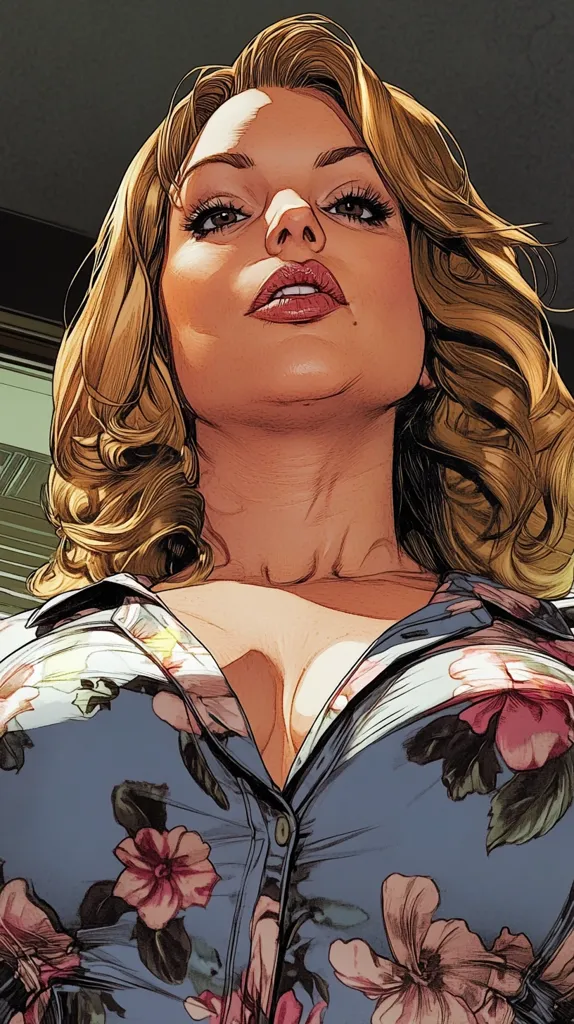 The image is of a woman with long blonde hair styled in loose curls. She is looking up with a slightly surprised expression. She is wearing a blue shirt with a floral pattern and has a subtle hint of blush on her cheeks. The image is drawn in a comic book style with bold lines and vibrant colors.  The background is a blurry, out-of-focus depiction of a room, suggesting an indoor setting. The woman's gaze and the composition of the image create a sense of anticipation and mystery.