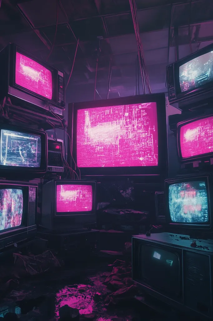 A dimly lit room with multiple old-fashioned TVs with static and pixelated images. The TVs are stacked on top of each other, and their screens glow in shades of pink and blue. The room is dark, with only the TVs and a faint light source in the background illuminating the space.  The image creates a feeling of nostalgia and a sense of technological advancement.