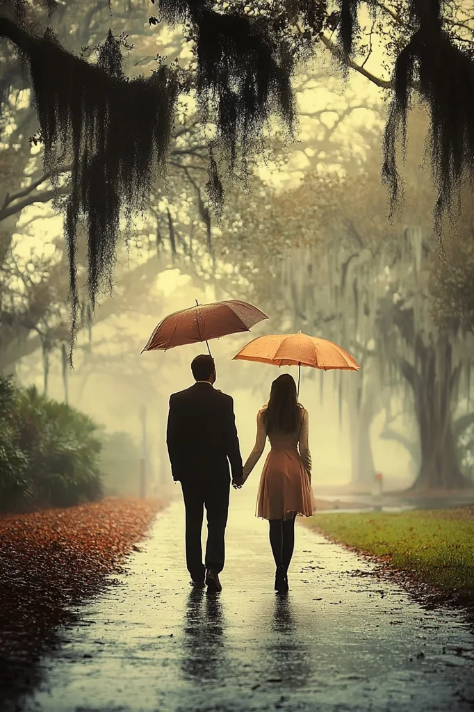 A couple walks hand-in-hand down a path in a misty forest. They are holding two umbrellas, one red and one orange, to shield them from the rain.  The trees are draped in Spanish moss, adding a touch of mystery to the scene. The path is lined with fallen leaves, creating a sense of autumnal tranquility. The couple's silhouettes are visible against the soft light, their faces obscured, adding to the romance of the image.