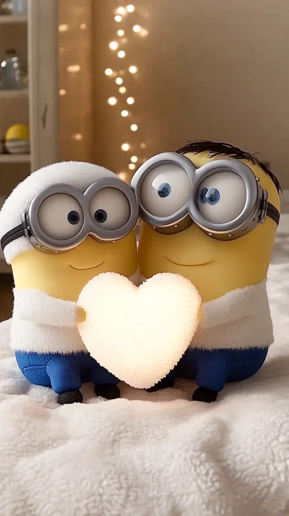 Two Minions, one with a white fluffy hat and the other with a black one, are sitting together on a white fluffy blanket. They are holding a glowing white heart shape between them.  The background is blurry with a string of warm white lights.  The image is soft and cuddly.