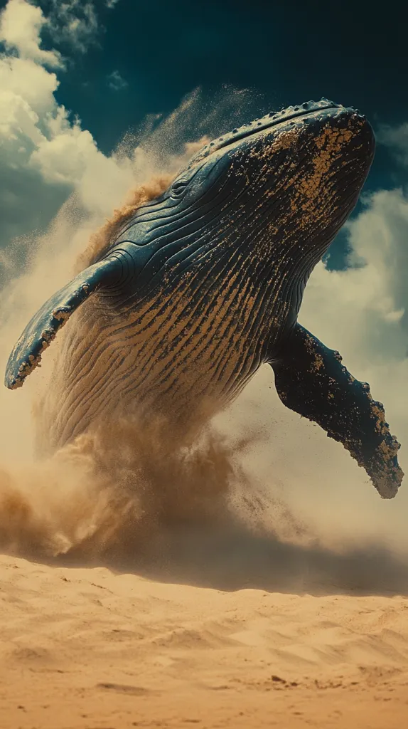 A large whale, covered in sand, leaps out of the water, its powerful body arcing through the air. The whale's tail is extended, and its head is tilted back. A cloud of sand and water spray is kicked up as the whale breaks the surface. The sky behind the whale is a light blue, with a few white clouds.  The background is a sandy beach.