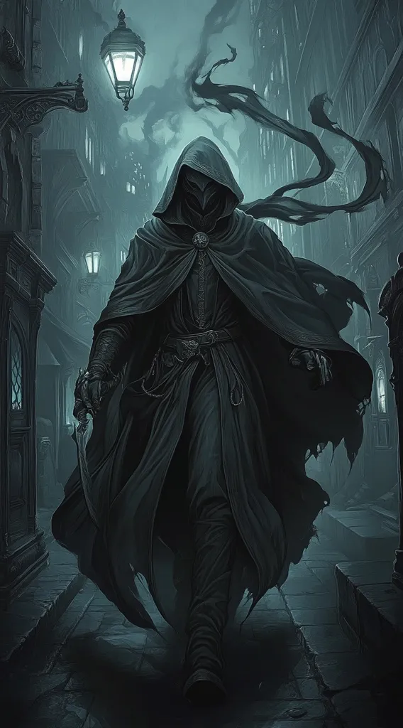A cloaked figure walks through a dark and shadowy alleyway. The figure is wearing a long, black hooded robe and a mask. They are holding a small, silver dagger in their hand. The alleyway is lined with tall buildings and lit by a single gas lamp. The atmosphere is eerie and unsettling, with a sense of mystery and danger.  The image is filled with dark tones, and the figure’s features are obscured, leaving a sense of secrecy and intrigue.  The shadows and darkness suggest a hidden world, with the figure representing a powerful and enigmatic force.