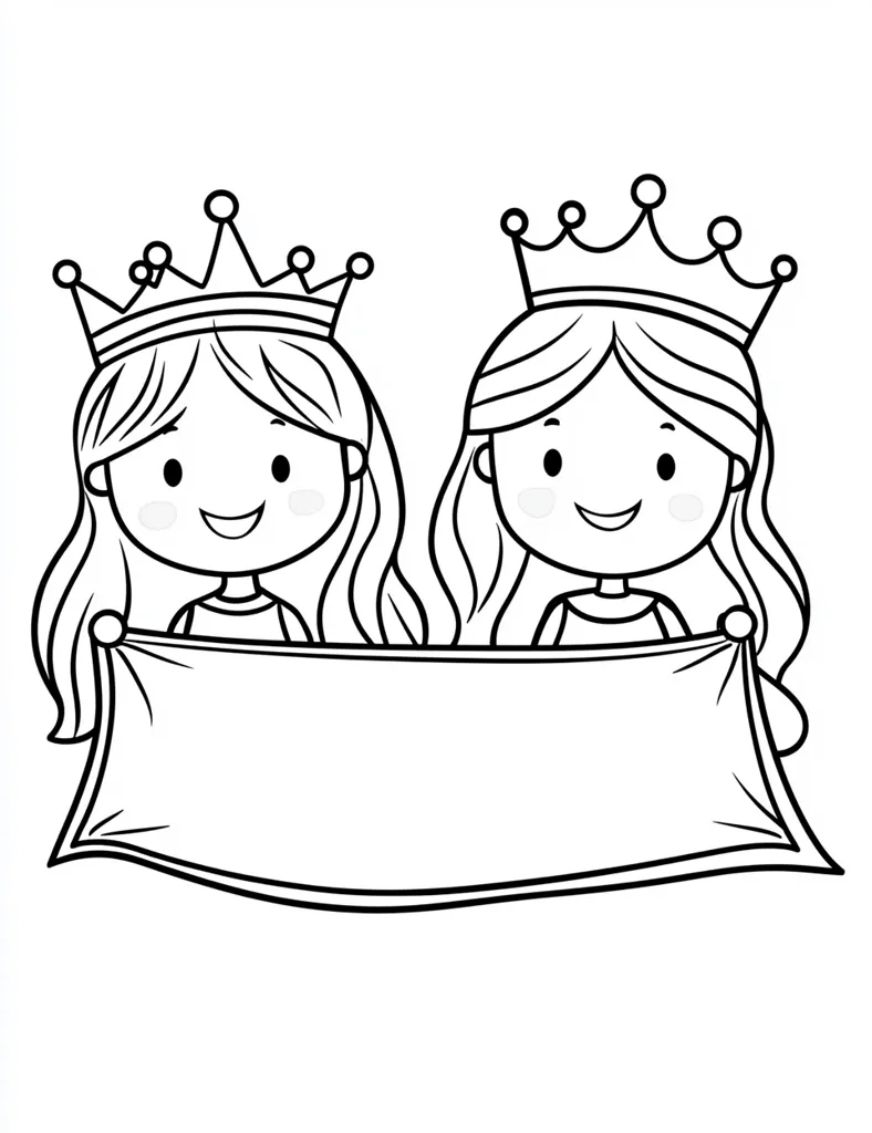 Two princesses with long hair and crowns are holding up a blank banner. They are smiling and looking at the viewer. The image is drawn in black and white and would be suitable for coloring. It appears to be a simple illustration of a princess-themed image.