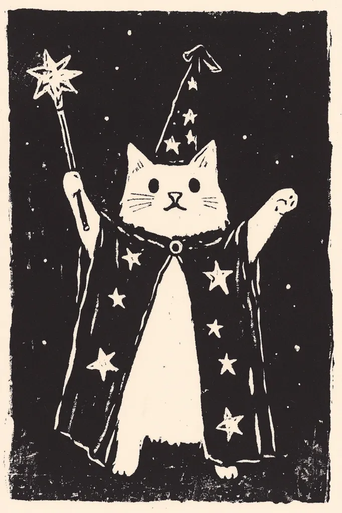 The image is a black and white linocut print of a cat dressed as a wizard. The cat is wearing a pointy hat with stars on it and a long robe with stars on it. The cat is holding a wand with a star on top. The background is black with white stars. The cat looks like it's about to cast a spell.
