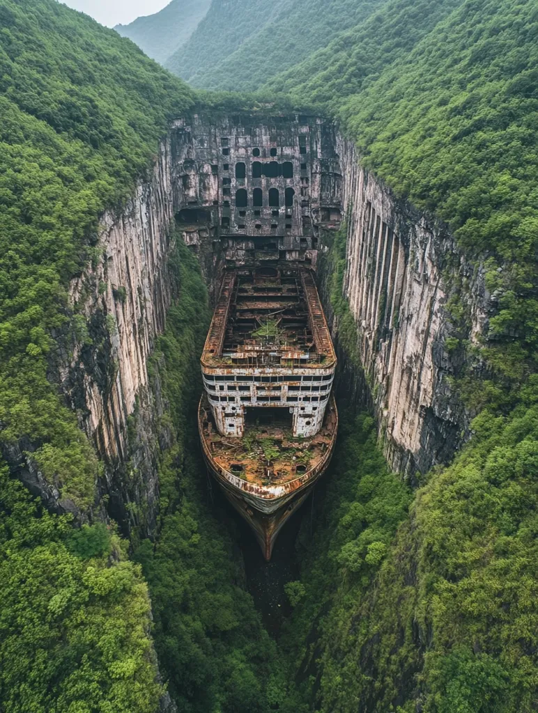 The image shows a rusty, decaying ship wedged in a narrow canyon formed by two steep, green-covered cliffs. The ship's bow points upwards, its upper deck partially visible and covered in vegetation. The canyon walls are tall and imposing, creating a sense of claustrophobia and mystery. The lush green foliage surrounding the ship suggests the passage of time and the slow encroachment of nature. The scene is both eerie and beautiful, highlighting the power of nature to reclaim and transform even the most imposing man-made structures.