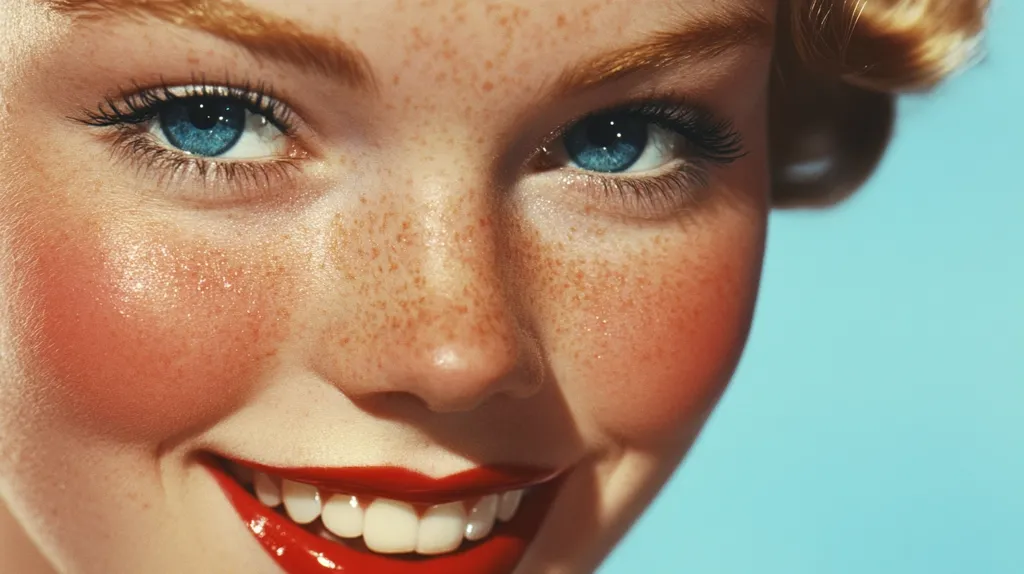A close-up of a woman's face, showing her bright blue eyes, freckled skin, rosy cheeks, and a bright red smile. She has thick eyelashes and is wearing lipstick. The background is a soft blue.  The image is likely a portrait, focusing on the woman's features and expression.