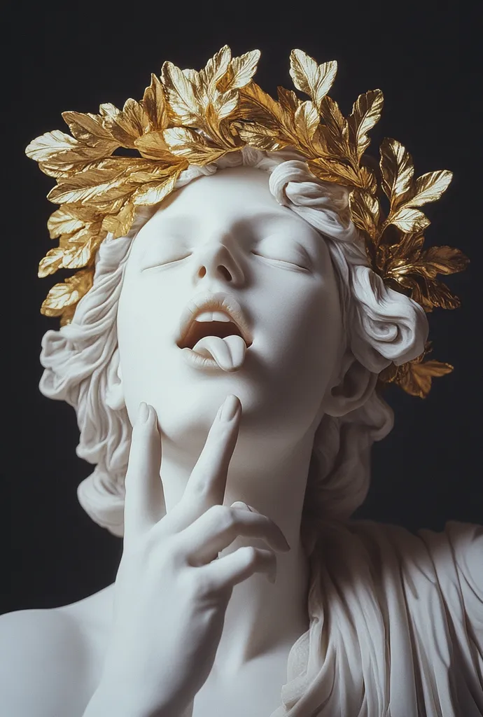 A marble sculpture of a woman with a golden laurel wreath on her head. She is depicted with her mouth open, her tongue sticking out, and her hand raised to her chin. The sculpture's expression is one of both sensuality and defiance, with a hint of mischief in her eyes.  Her sculpted hair flows down her shoulders in delicate curls.  The sculpture is rendered in a classic, idealized style, and the artist's attention to detail is evident in the smooth, polished surface of the marble.  The image evokes a sense of beauty, grace, and mystery.