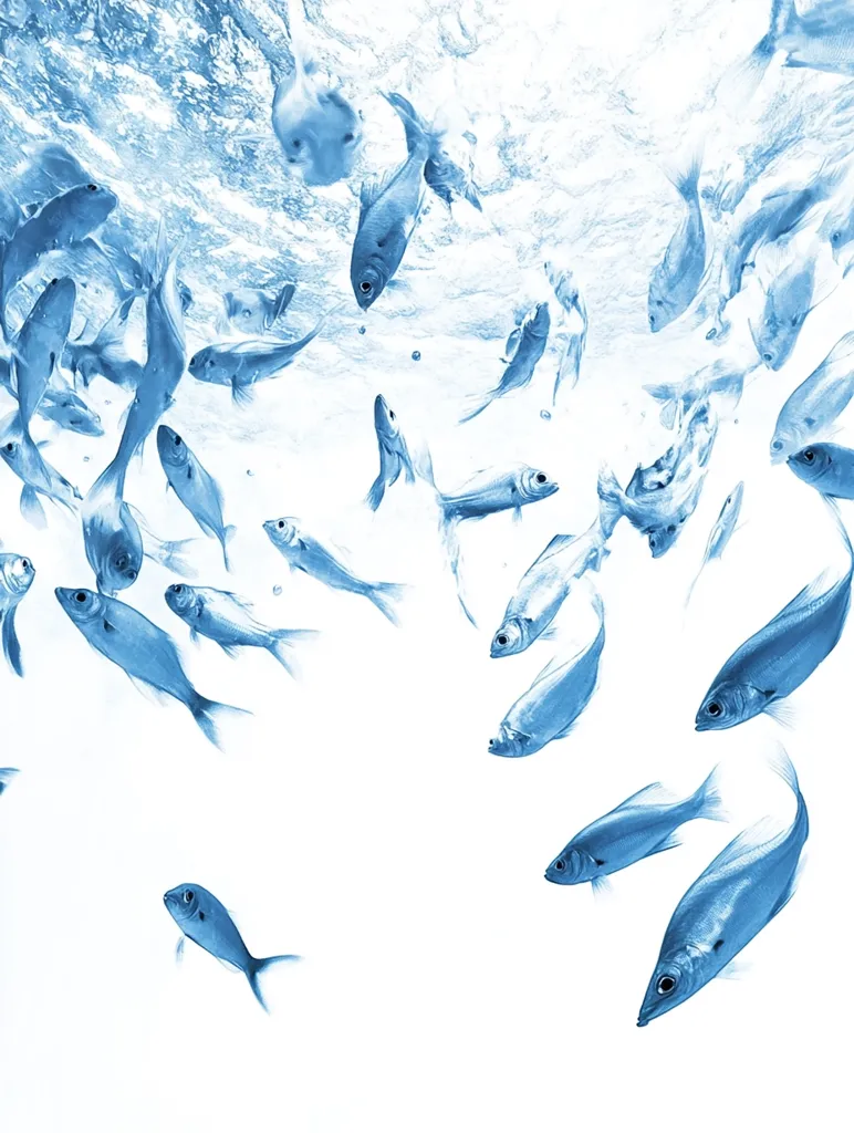 A school of fish swim in a pale blue, slightly blurry, water. The fish are various sizes and shapes. Some swim towards the top of the image, others swim downward and some appear to swim toward the viewer. The background is a light blue. There are little air bubbles throughout the image. The scene is a peaceful underwater moment.