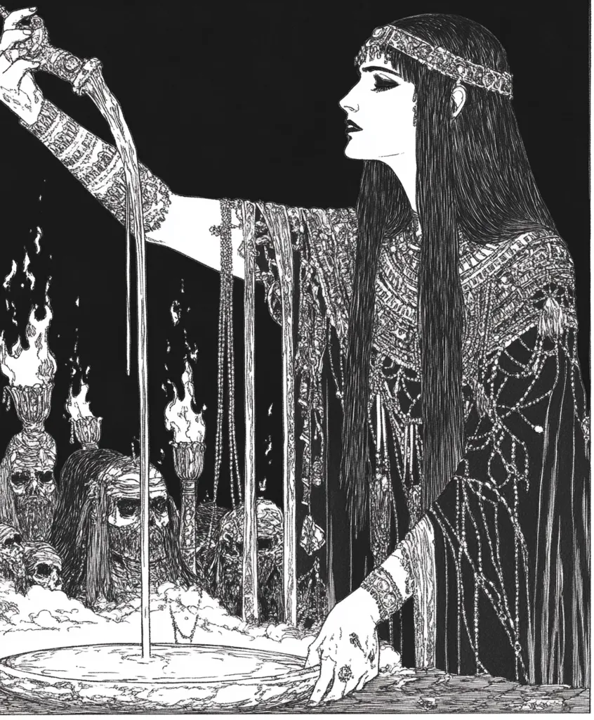 A woman in a flowing robe and ornate jewelry pours a liquid from a vessel into a bowl. She stands in front of several skeletal figures with torches burning behind them. The image is rendered in black and white, creating a dramatic and eerie atmosphere.  The scene evokes a sense of mystery and ritual.
