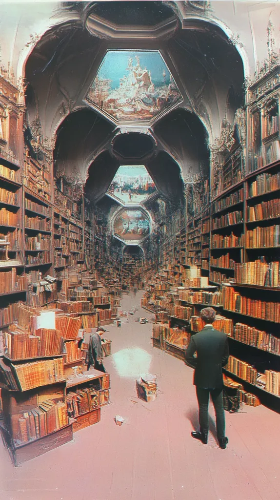The image shows a grand library with tall bookshelves reaching up to a vaulted ceiling. The shelves are packed with books, some in rows, others stacked on top of each other. The light is dim, casting long shadows across the floor. A man stands near a bookshelf, looking at a book. The atmosphere is one of quiet contemplation and learning.