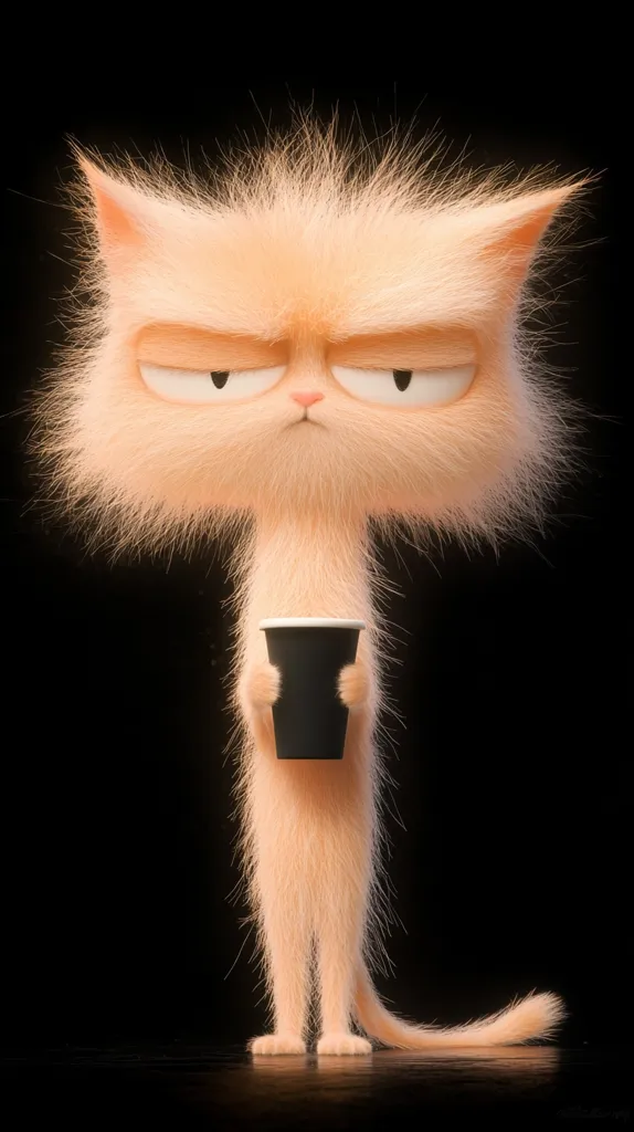 A fluffy, light-orange cat with a grumpy expression stands against a black background. The cat has a long, slender body and holds a black paper cup in its paws. Its fur is very long and appears soft. The cat's eyes are narrowed and its mouth is slightly open. The image is a whimsical portrayal of a cat in a human-like pose.
