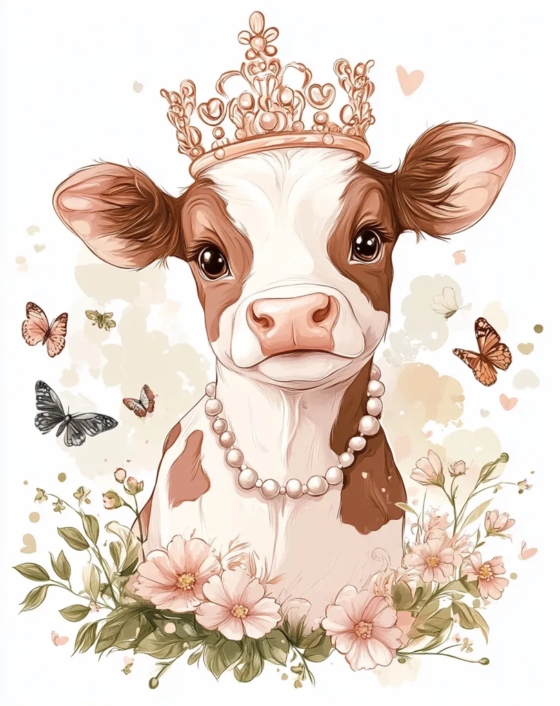 A cute, cartoon-style calf with brown and white markings is wearing a gold crown and a pearl necklace.  The calf is surrounded by pink flowers and butterflies, with a watercolor background.  The image has a whimsical and charming feel.
