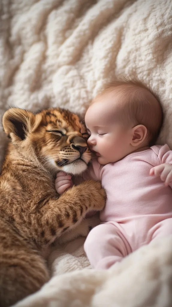 A baby in a pink onesie sleeps soundly, nestled against a lion cub. The cub's head rests gently on the baby's shoulder, while the baby's arm wraps around the cub's body. Both appear to be peacefully asleep, creating a heartwarming scene of interspecies companionship. The soft, fuzzy blanket beneath them adds to the cozy atmosphere.