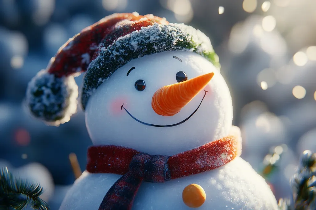A snowman with a red and green hat, a red scarf, and an orange carrot nose smiles cheerfully in the winter sunshine.  The snowman's face is covered in snow and the background is blurred with a soft, wintery glow.  The image evokes a sense of playful joy and the magic of the season.