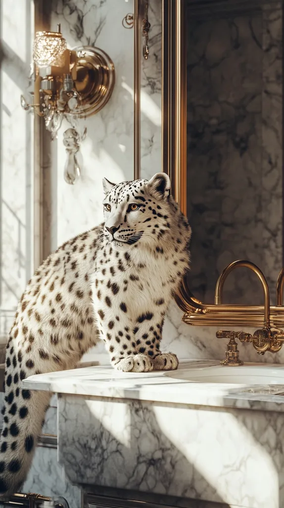 A white and black spotted leopard stands on a marble bathroom counter, with one paw resting on the edge. The leopard is facing left, looking out of the frame. The background features a large, ornate gold-framed mirror and a marble wall. Sunlight streams through a window in the background, illuminating the scene.  A gold-colored faucet is visible in the lower right corner.