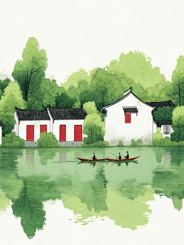 The image depicts a serene landscape with a tranquil lake reflecting the surrounding scenery. In the foreground, three boats with passengers glide across the water, their reflections mirroring the scene below. Lush greenery envelops the lake, with trees and bushes lining the banks. White houses with red doors stand on the far side of the lake, adding a touch of color to the scene. The overall impression is one of peace and tranquility, inviting the viewer to relax and enjoy the beauty of nature.