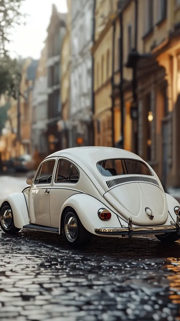 A classic white Volkswagen Beetle is parked on a cobblestone street in front of a row of historic buildings. The car is in focus, while the background is blurred, creating a sense of depth. The sunlight casts a warm glow on the scene, highlighting the car's details and the building's facade. The image evokes a sense of nostalgia and timeless elegance.
