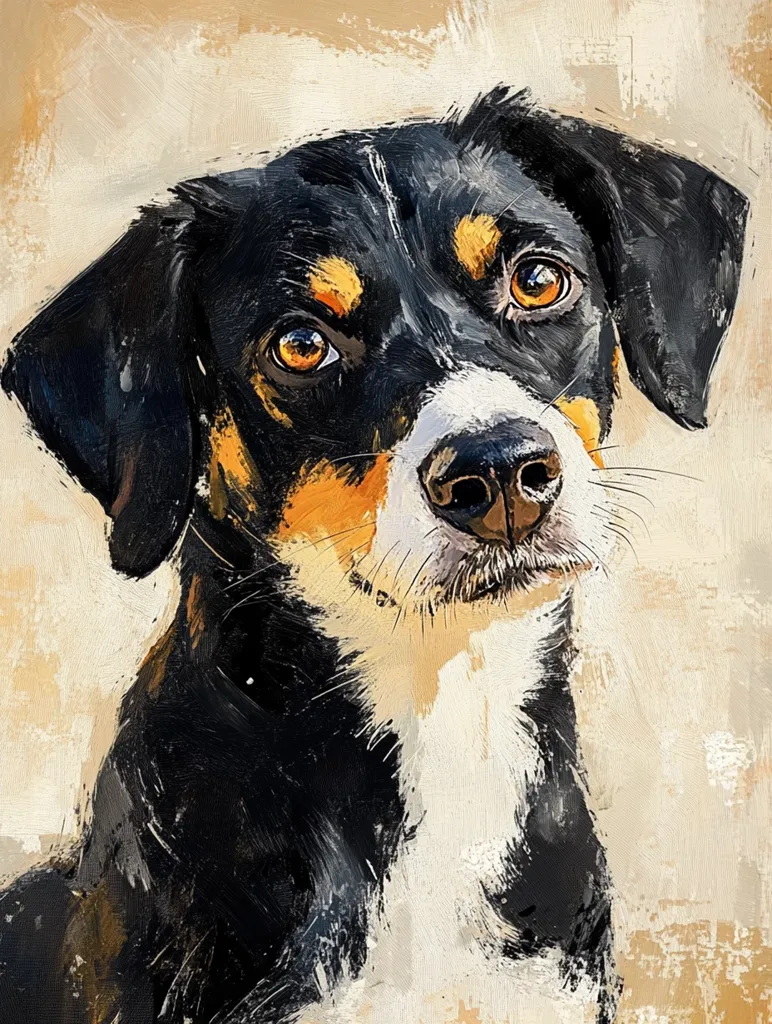 A black, white, and tan dog with large floppy ears is painted on a canvas. The dog is looking up and to the right, with its tongue slightly sticking out. The painting is done in a style that resembles a brushstroke effect. The background is a light beige. The dog has large, expressive eyes.
