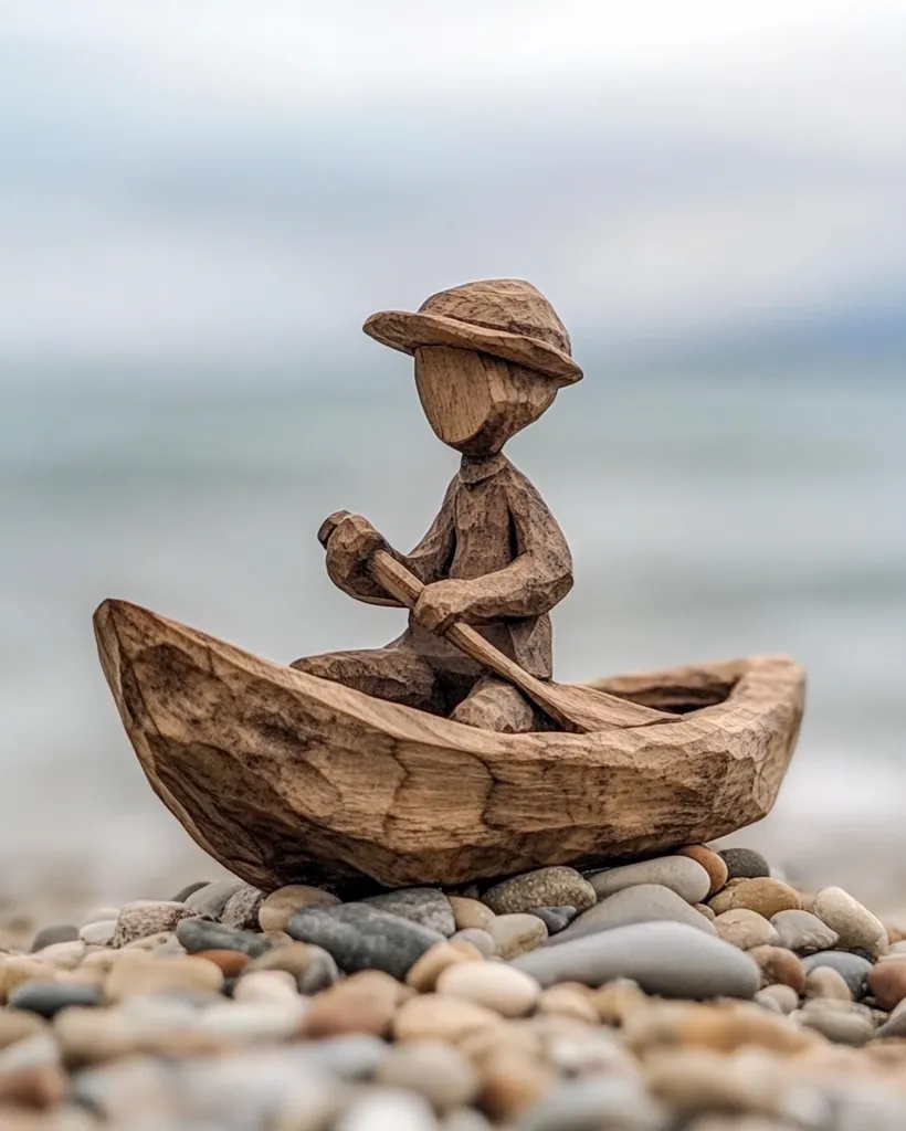A wooden sculpture of a person in a canoe sits on a bed of pebbles. The sculpture is intricately carved with details of the person's hat, clothes, and paddle. The canoe is also carved with realistic details, including the shape of the hull and the grain of the wood. The sculpture is set against a background of a blurred blue sky and water, suggesting a peaceful and serene scene. The overall effect is one of simplicity, beauty, and the artistry of woodworking.