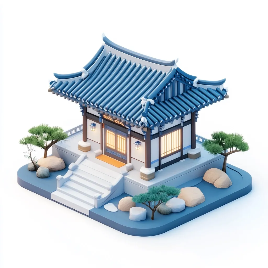 A small, traditional Asian building with a blue tiled roof, white walls, and a wooden frame. It has a porch with a set of stone steps leading up to the entrance. The building sits on a square base surrounded by small trees and rocks. The building is brightly lit, with windows that glow with warm light.
