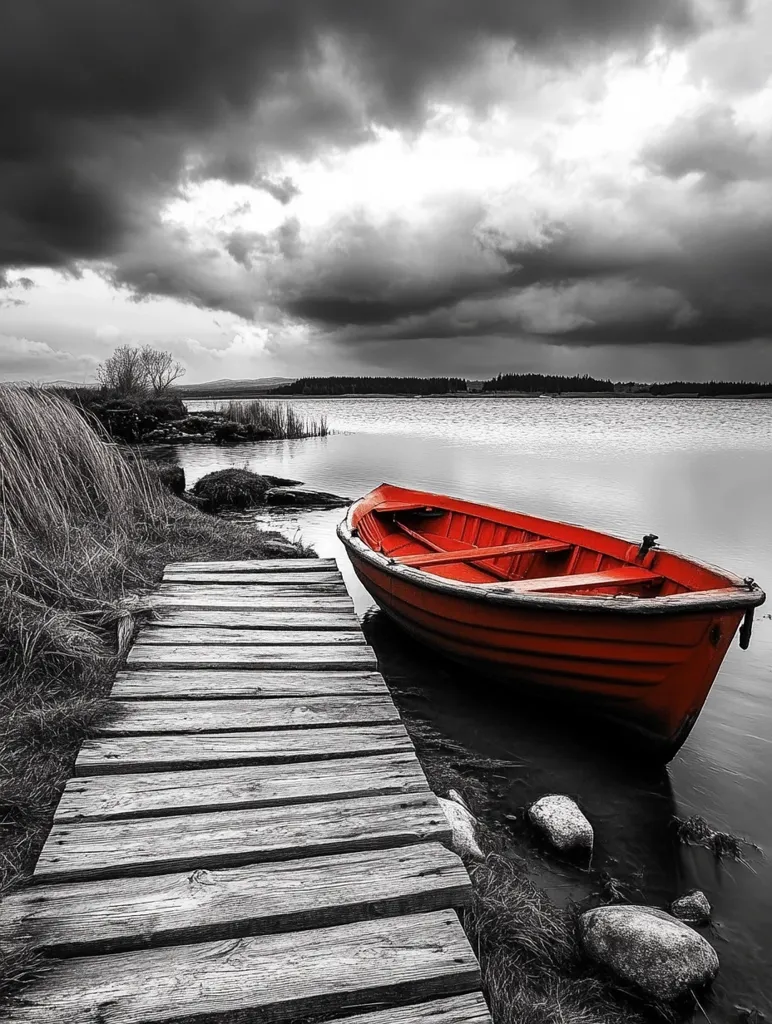 A red boat sits docked on a calm lake, the only splash of color against the black and white background. A wooden path leads towards the water's edge, disappearing into the distance. The sky above is a dramatic mix of dark clouds and lighter areas, creating a sense of depth and anticipation.  The scene is peaceful and serene, with a hint of mystery.