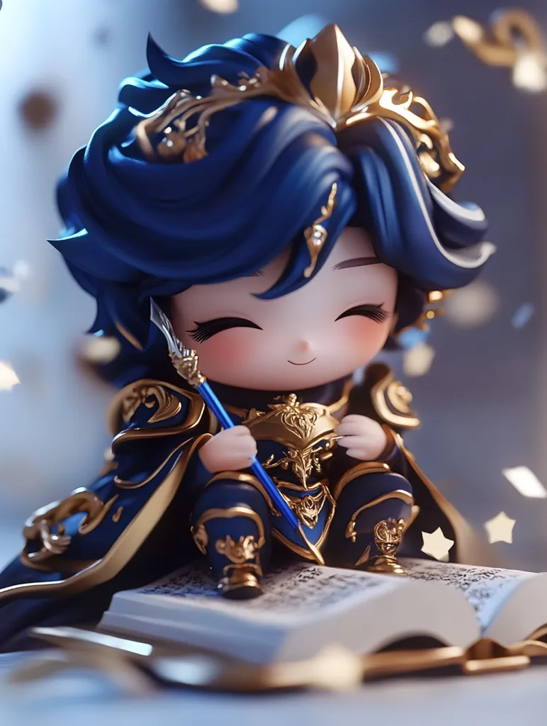 A small, cute figurine of a young boy with blue hair and a gold crown is depicted sitting on a large open book. He is dressed in a blue and gold outfit and is holding a blue and gold staff. The figurine is set against a background of shimmering stars and a soft light. The overall impression is one of sweetness and wonder.  The image seems to be made using a digital 3D rendering technique.