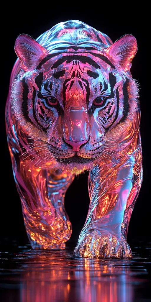 A tiger rendered in a shimmering, iridescent metallic finish walks across a glossy surface. The tiger's stripes are visible through the reflective surface, and its eyes glow with a mesmerizing blue light. The overall effect is one of otherworldly beauty and power.