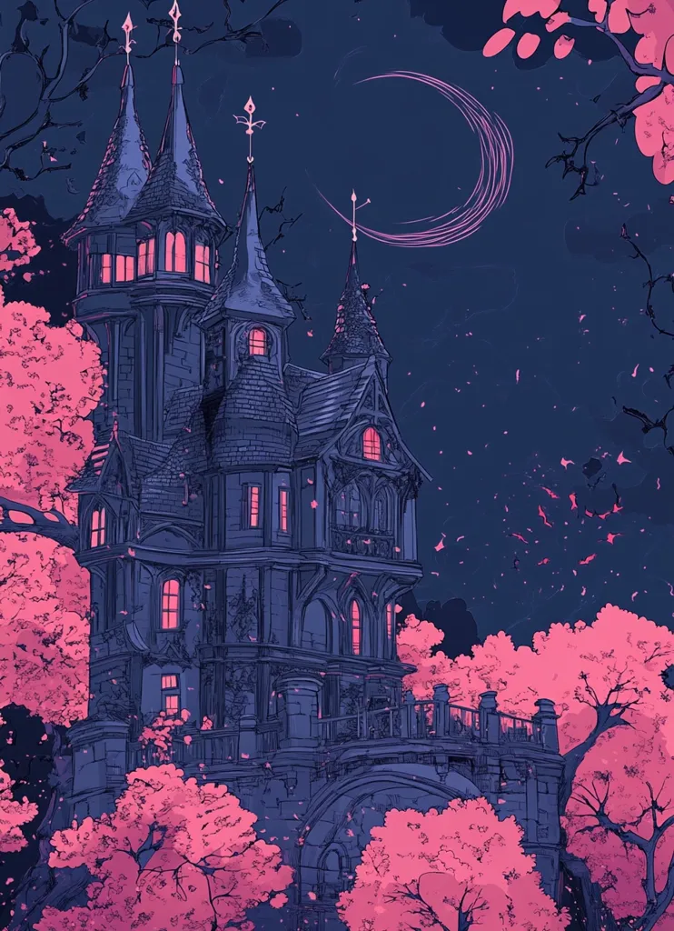 A large, gothic-style castle stands tall against a dark blue night sky. The castle is adorned with intricate details, including spires, towers, and balconies. A crescent moon hangs in the sky, casting a soft glow on the scene. Pink blossoms from cherry trees scatter in the wind, creating a beautiful and ethereal atmosphere. The castle windows are lit with warm, inviting light, suggesting that someone is home. The overall impression is one of mystery and romance, like something out of a fairy tale.