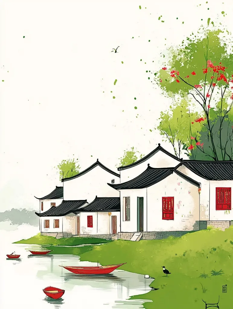 A serene watercolor painting depicts a tranquil village scene in East Asia.  White houses with black tiled roofs line a calm river, while a single red boat glides across the water. Lush greenery and a vibrant tree with red blossoms add splashes of color to the scene, creating a sense of peace and serenity. The minimalist style and soft brushstrokes enhance the calming atmosphere.