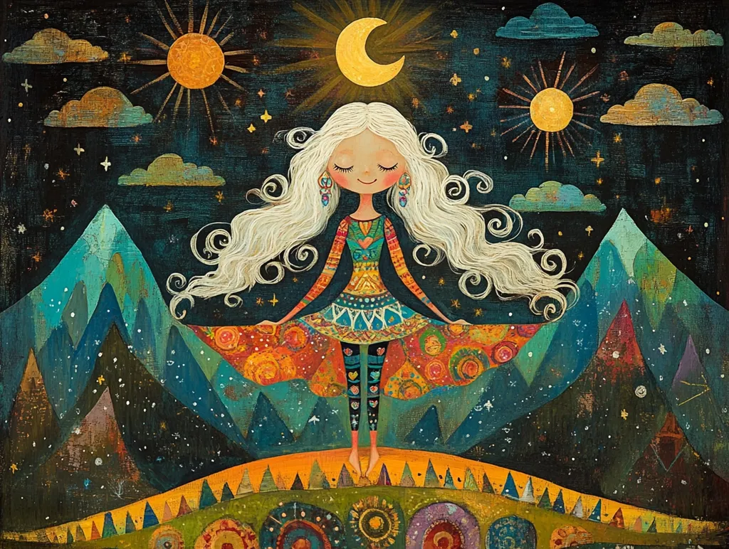 A whimsical painting depicts a blonde-haired woman with her eyes closed, standing on a hill with a vibrant patterned dress. The woman is surrounded by two suns, a crescent moon, and starry night sky.  Behind her, two large blue mountains rise up, creating a sense of depth and grandeur. The painting's style is whimsical and surreal, capturing a sense of magic and wonder.