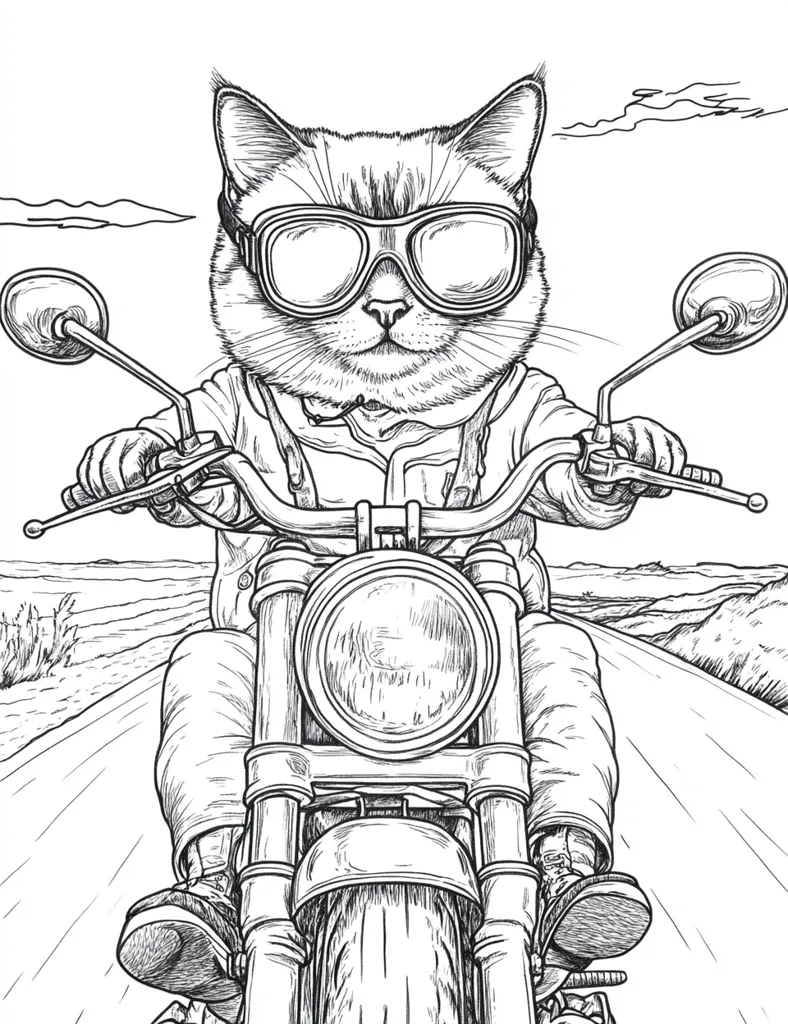 A cat wearing goggles and a leather jacket rides a motorcycle down a long, straight road. The cat is drawn in a realistic style with detailed fur and clothing. The motorcycle is also drawn realistically with intricate details like the handlebars, wheels, and engine. The background is a simple, open road with a few hills and clouds in the distance. The overall image is humorous and charming, highlighting the unlikely image of a cat as a biker.